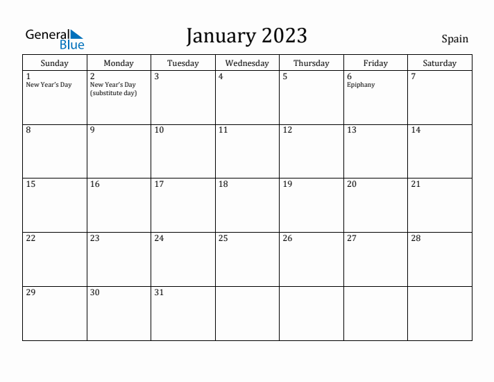 January monthly calendar with spain holidays