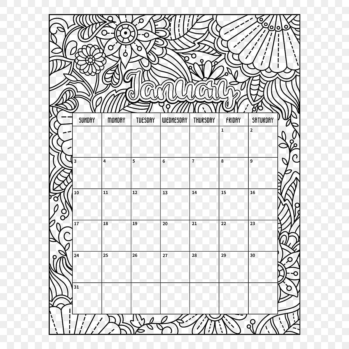 January calendar white transparent january coloring card calendar coloring card calendar january png image for free download