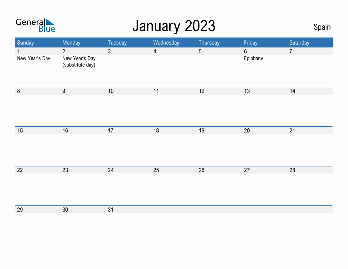 January monthly calendar with spain holidays