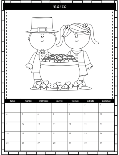 Calendar in spanish for drawings and colouring calendario en espaãol para dibujos y colorear teaching resources