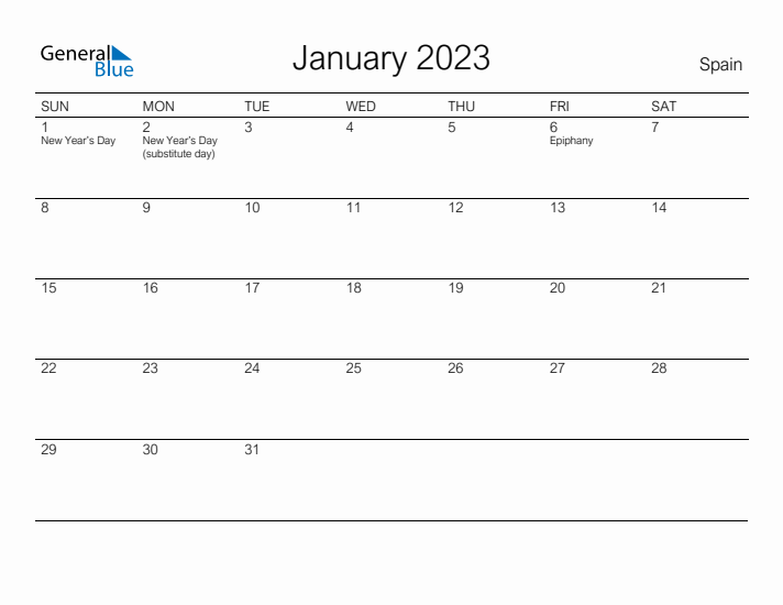 January monthly calendar with spain holidays