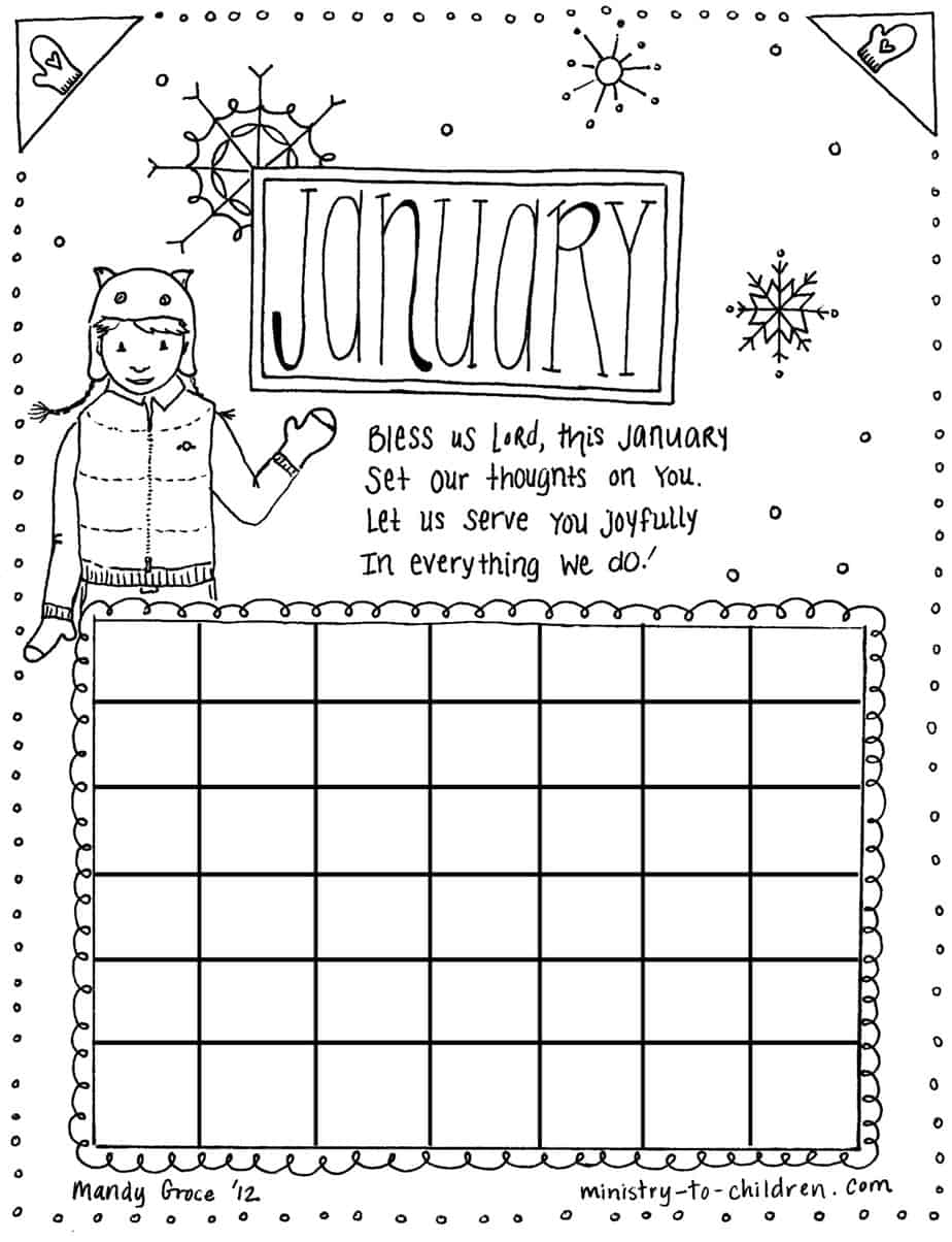 January coloring page calendar