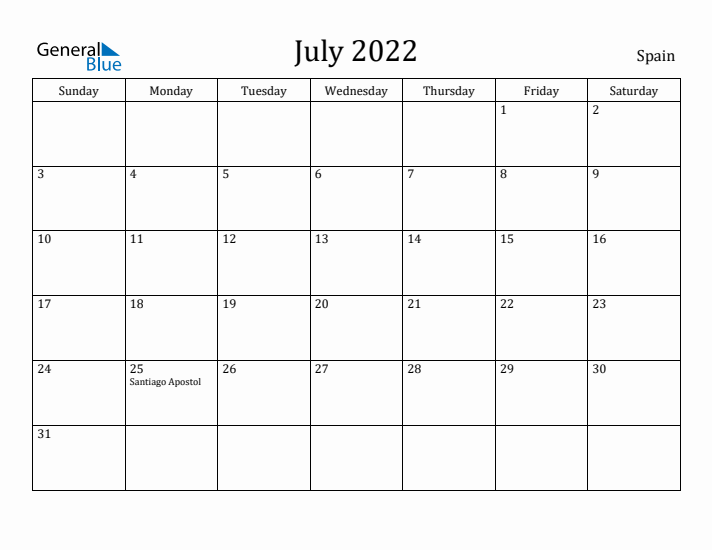 July monthly calendar with spain holidays