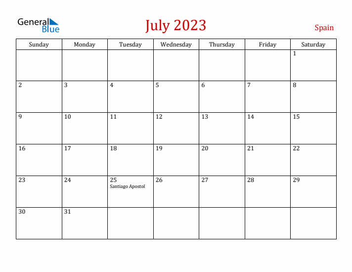 July monthly calendar with spain holidays