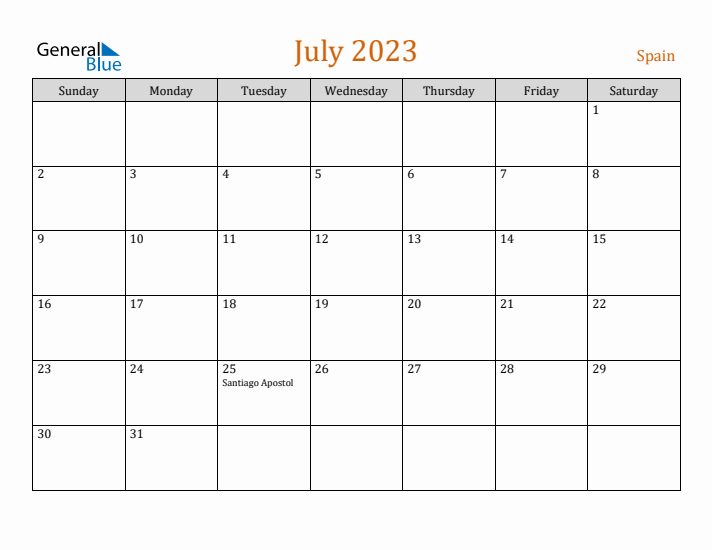 July monthly calendar with spain holidays