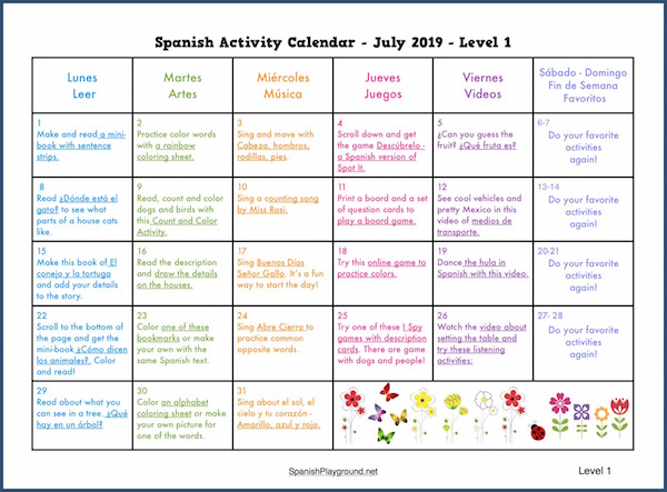 Activity calendars in spanish for july