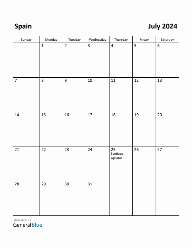 July monthly calendar with spain holidays