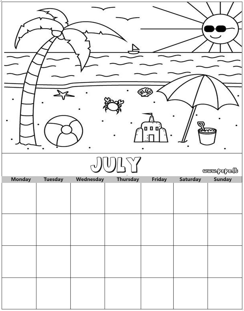 Calendar coloring page