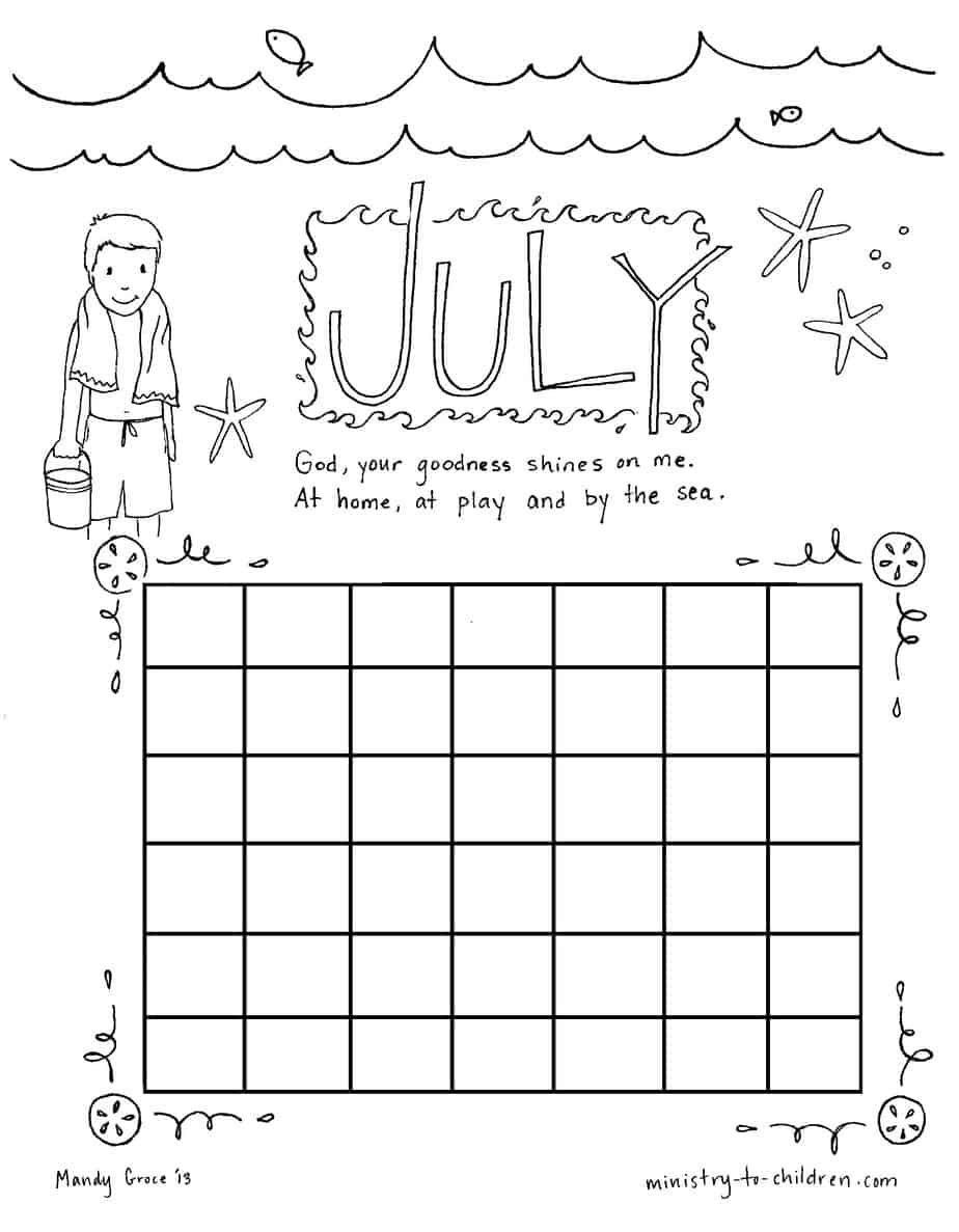 July coloring sheet calendar for kids