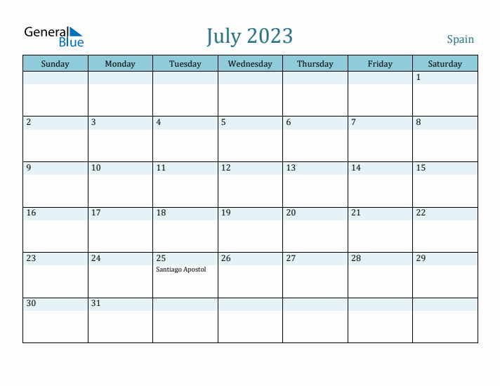 July monthly calendar with spain holidays