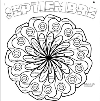 Spanish greetings days months numbers septiembre coloring page