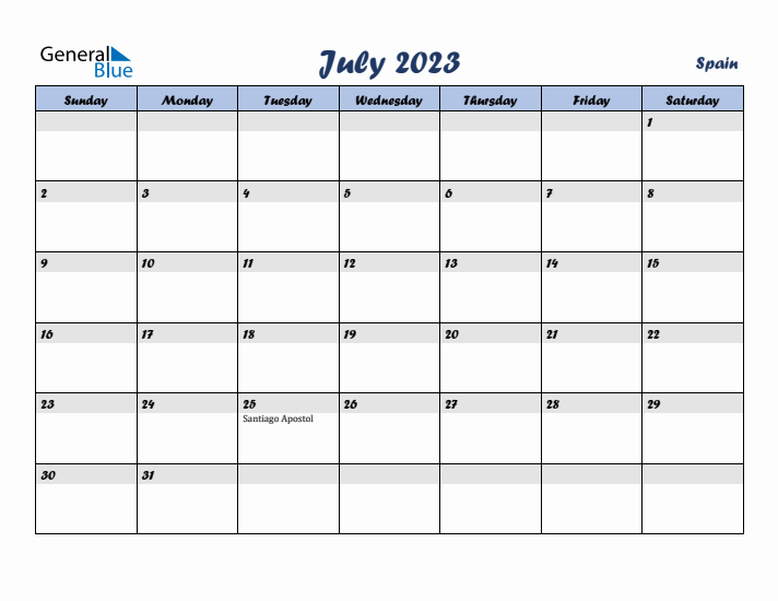 July monthly calendar with spain holidays