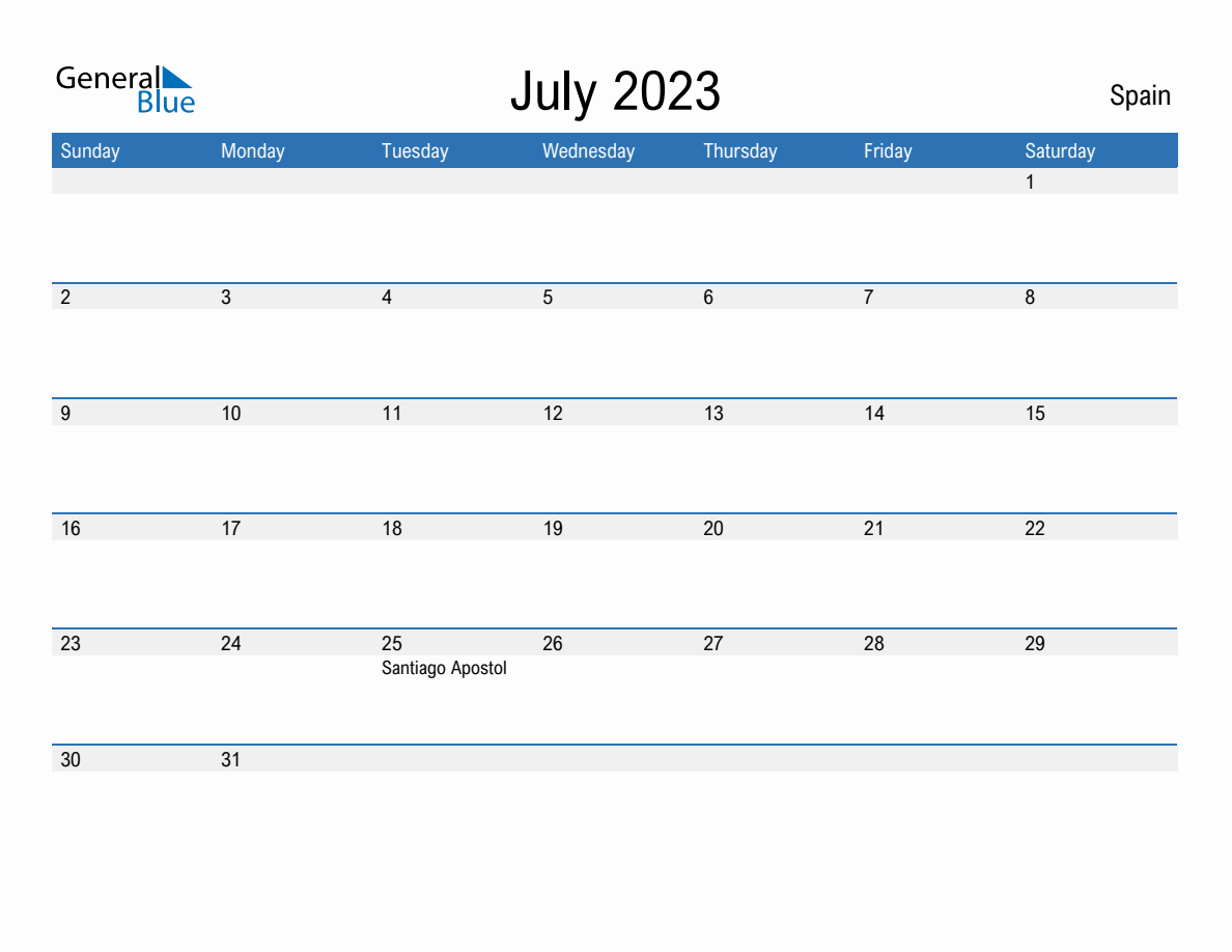 July monthly calendar with spain holidays