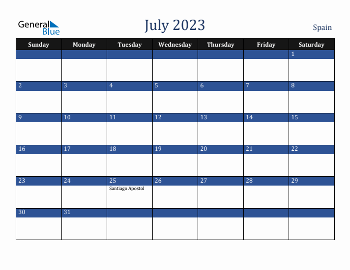 July monthly calendar with spain holidays