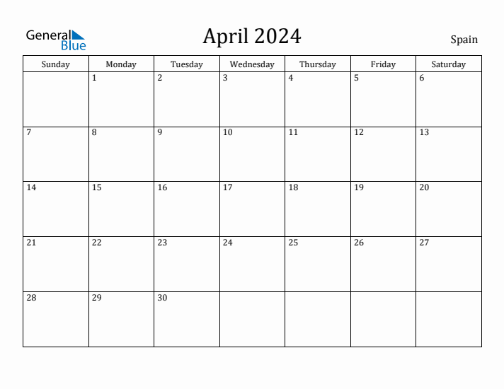 April monthly calendar with spain holidays