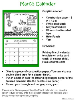 March kids calendar by learn curriculum tpt