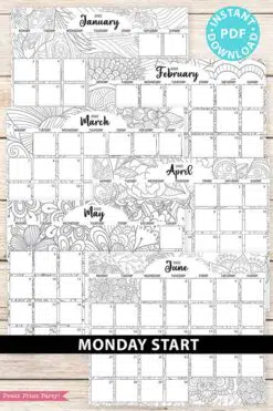 Monday start monthly printable calendars adult coloring