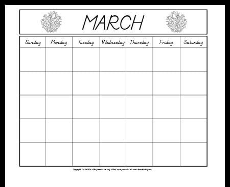 March undated calendar coloring page free printable â the art kit
