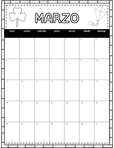 Calendar in spanish for drawings and colouring calendario en espaãol para dibujos y colorear teaching resources