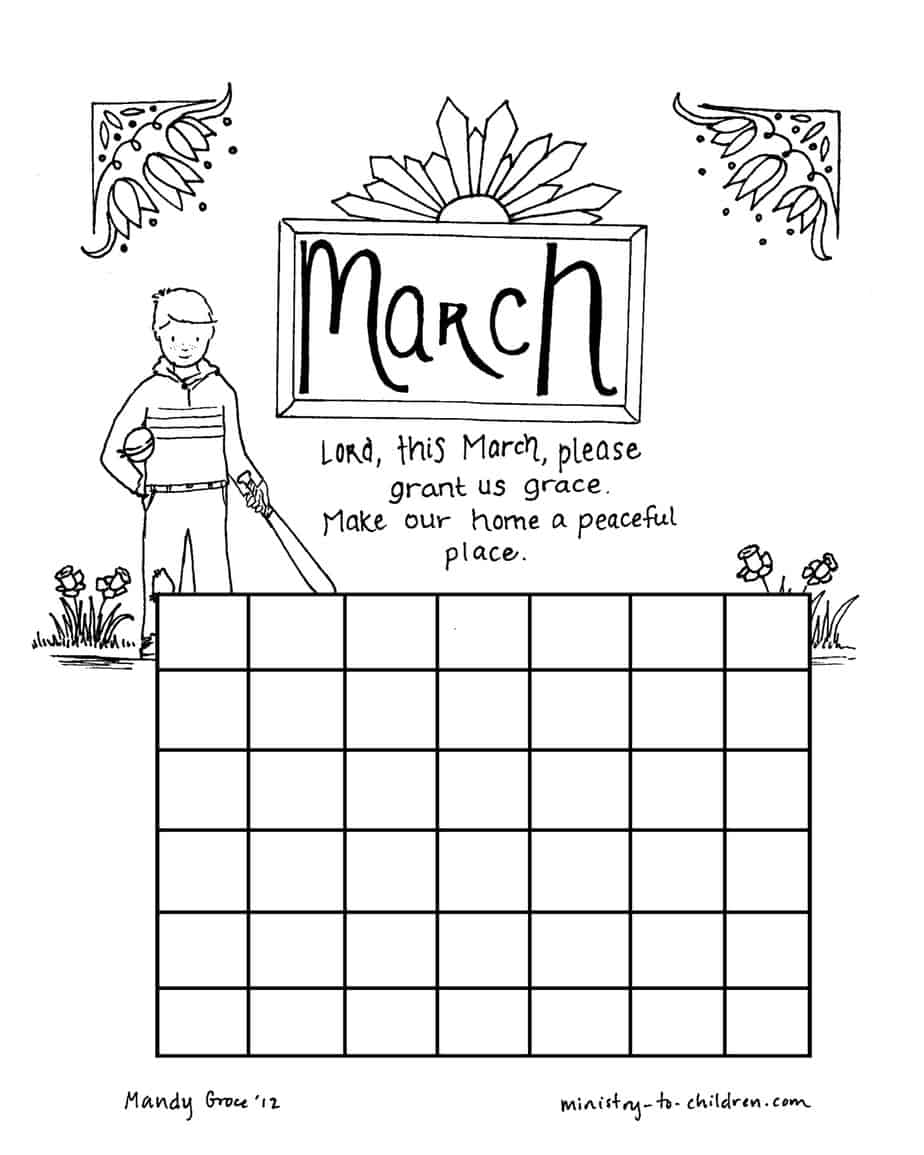 March coloring page calendar sheet