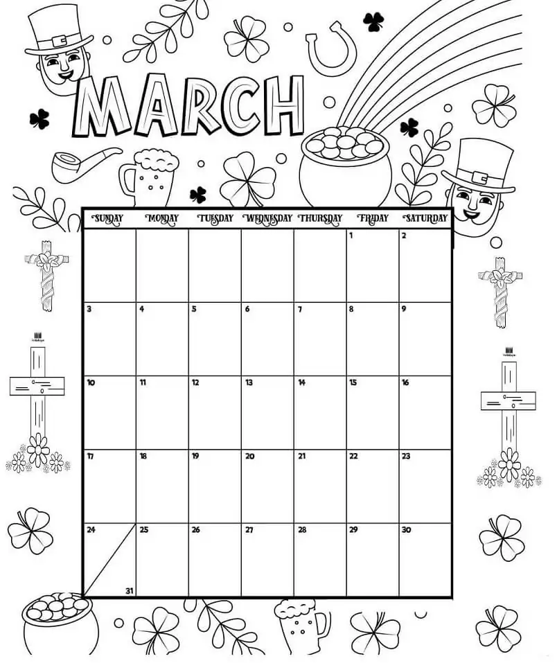 Calendar march coloring page