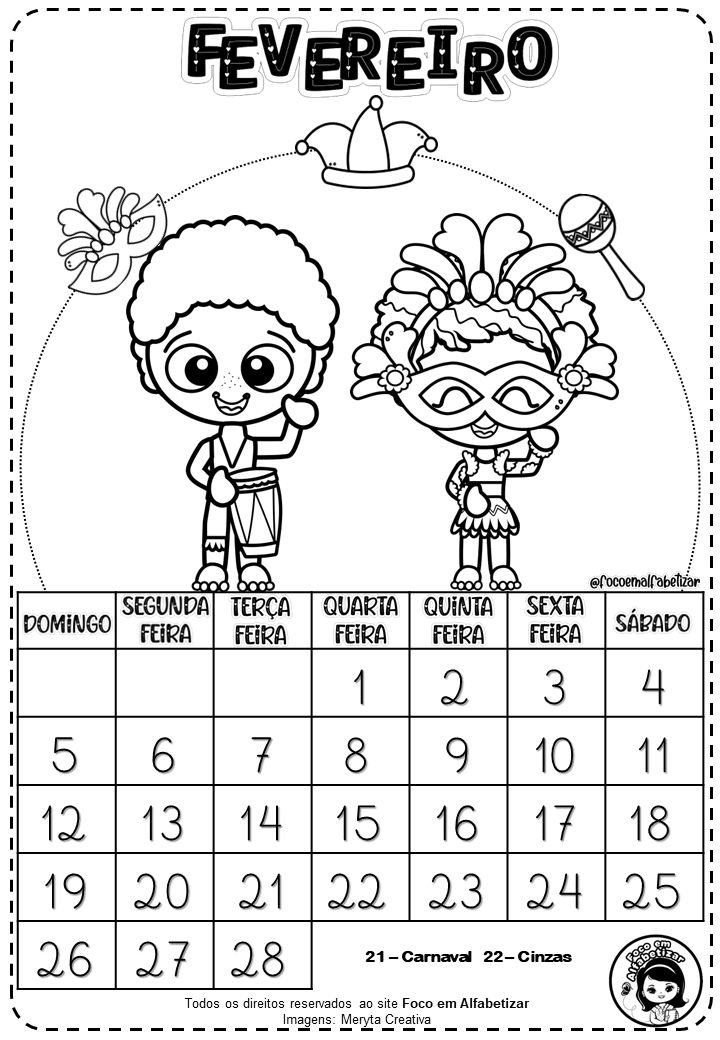 Calendãrio mensal para colorir calendãrios infantis calendãrio mensal tarefas do jardim de infãncia