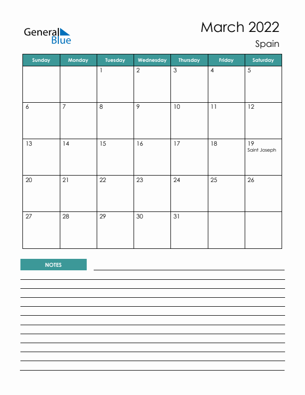 March monthly calendar with spain holidays