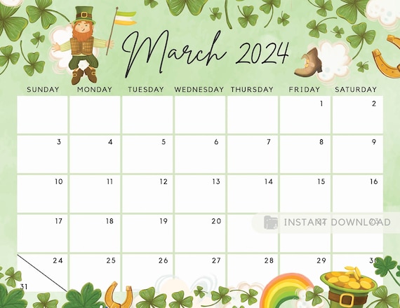 Editable march calendar for the lucky month with clovers cute printable calendar fillable editable planner instant download