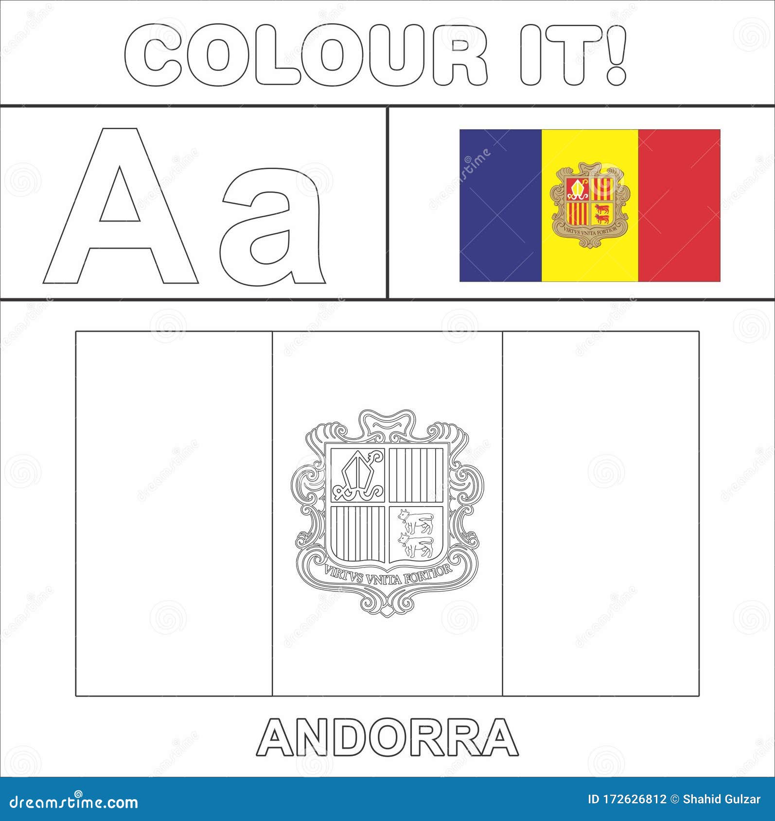 Colour it kids colouring page country starting from english letter a a andorra how to colorflag stock illustration