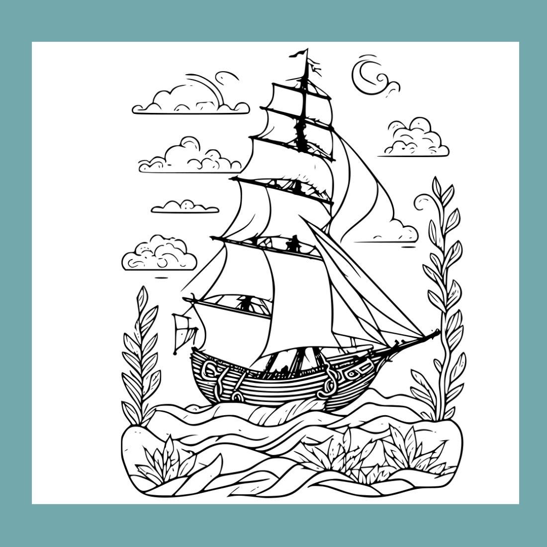 Coloring pages bundle for adults drawn illustration cute doodle seascape with spanish galleon