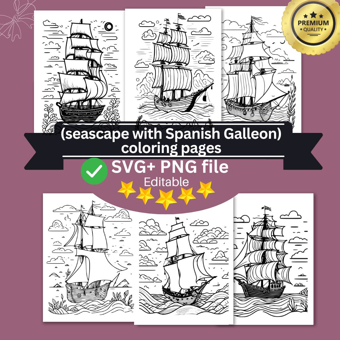 Coloring pages bundle for adults drawn illustration cute doodle seascape with spanish galleon