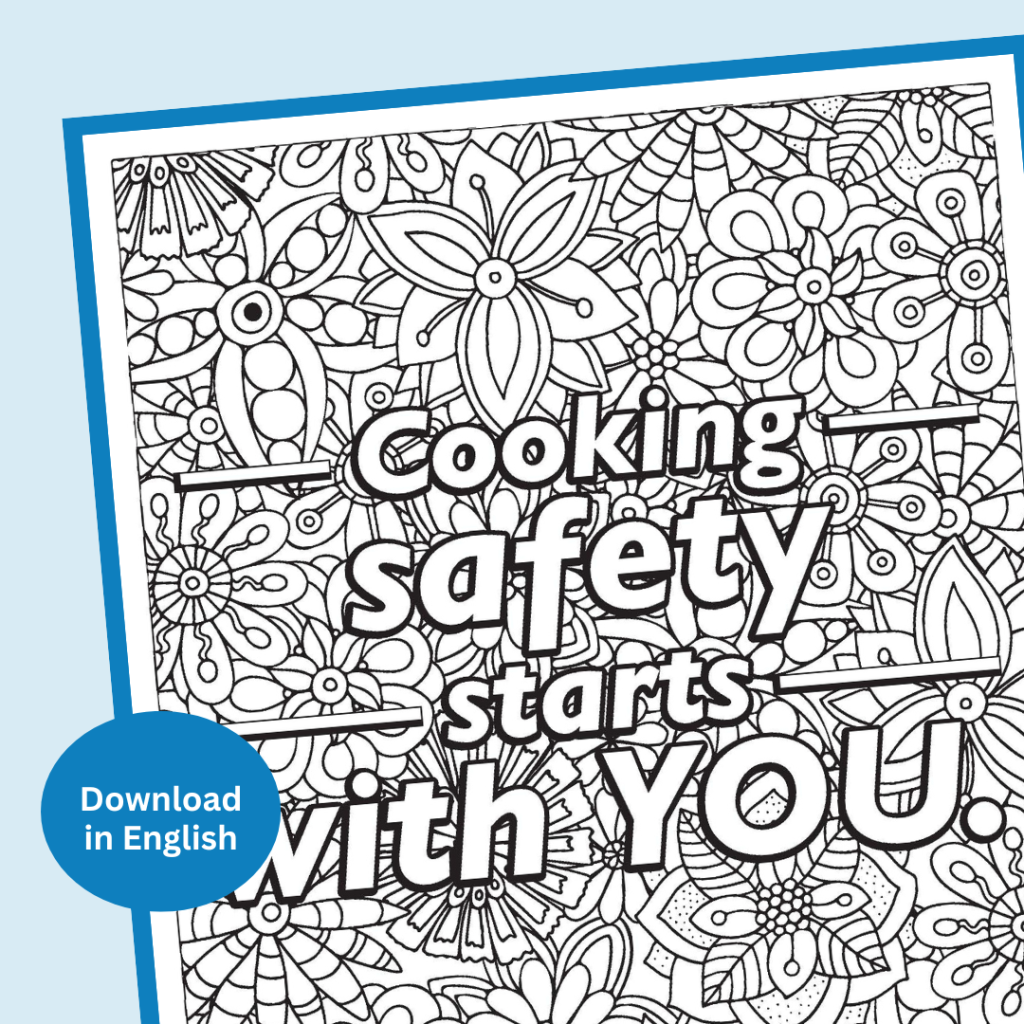 Mindful coloring page cooking safety english and spanish sparky school house