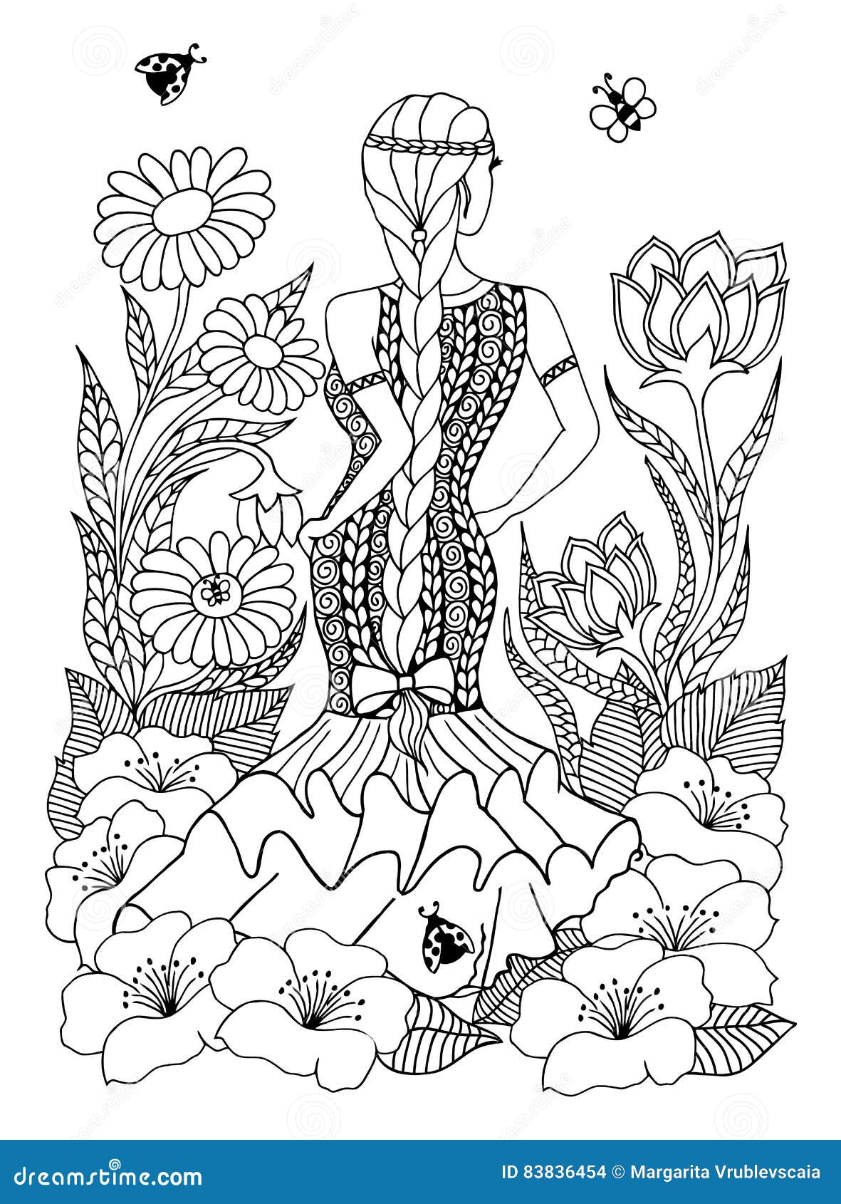 Vector illustration zentangl spanish woman girl standing in in the flowers doodle drawing meditative exercises stock illustration