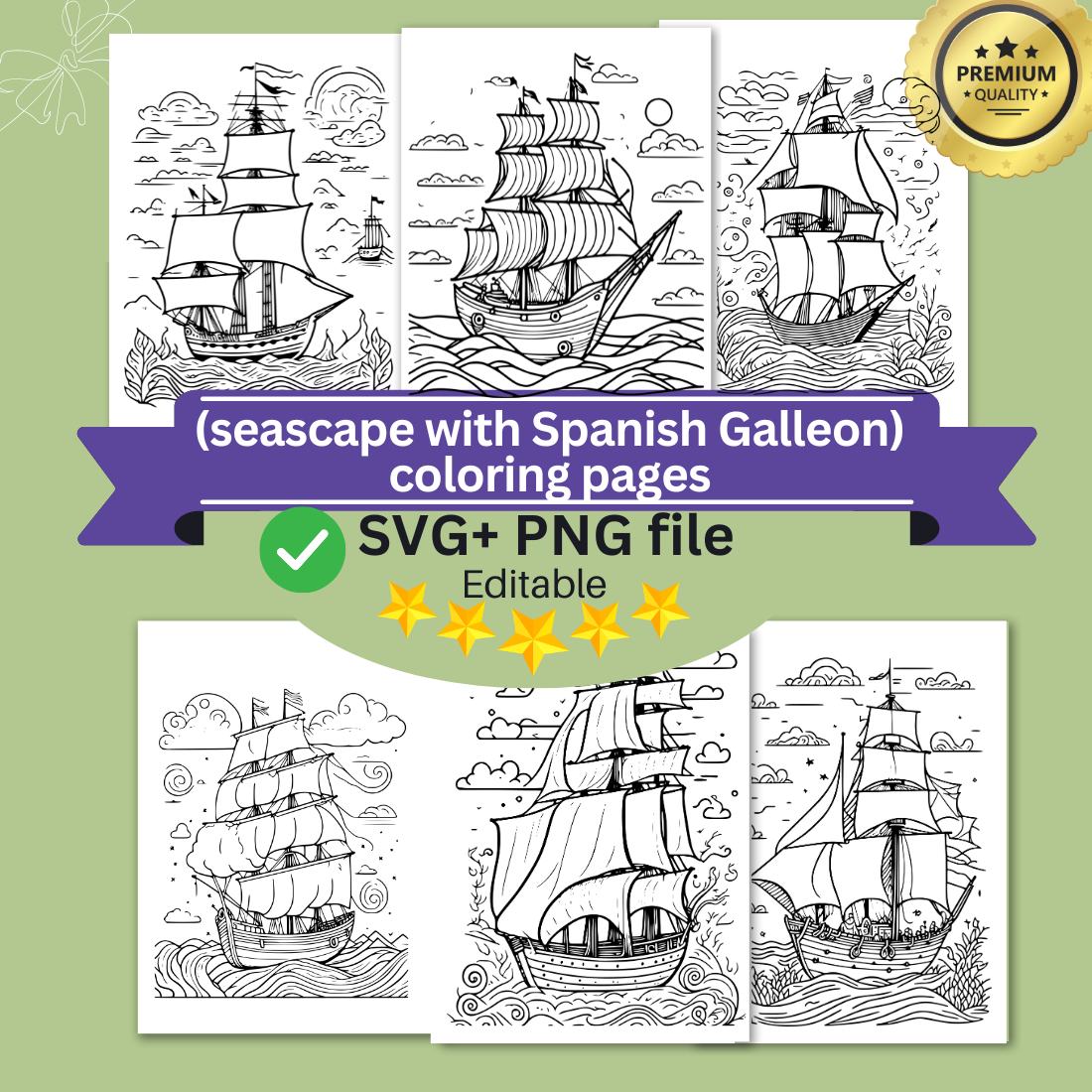 Coloring pages bundle for adults drawn illustration cute doodle seascape with spanish galleon