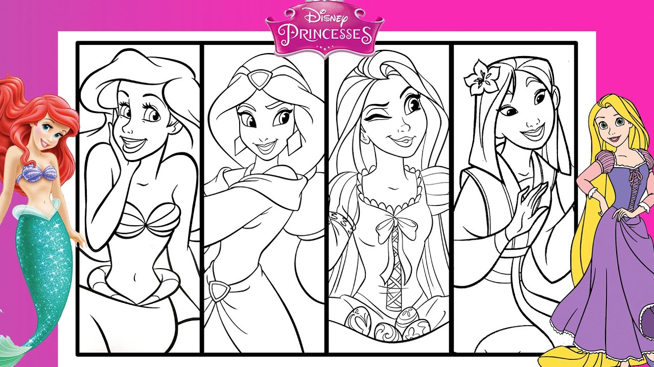 Disney princess together coloring page ariel jasmine rapunzel mulan coloring book pilation