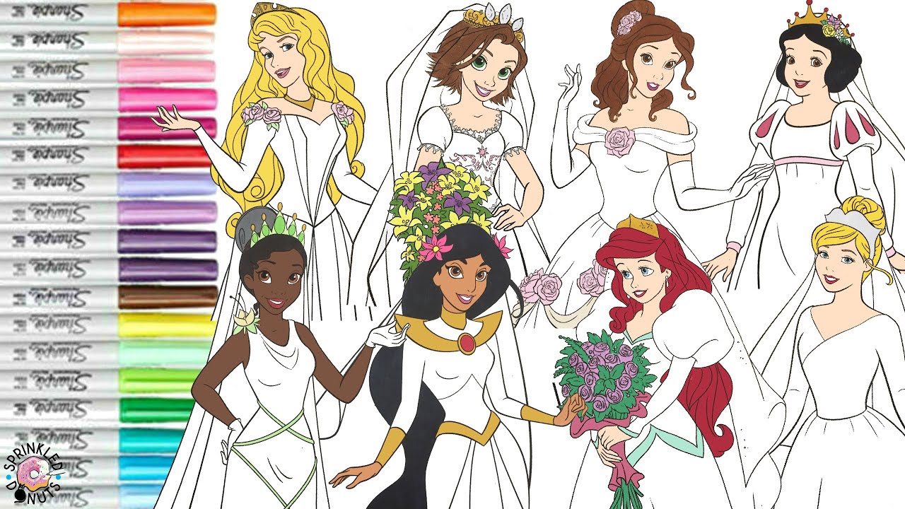 Disney princess coloring book copilation wedding dress edition ariel belle tiana aurora jasine