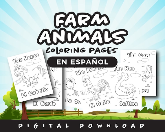 Learn spanish with farm animal coloring pages instant download animales de granja paginas bilingue para colorear descarga instantanea