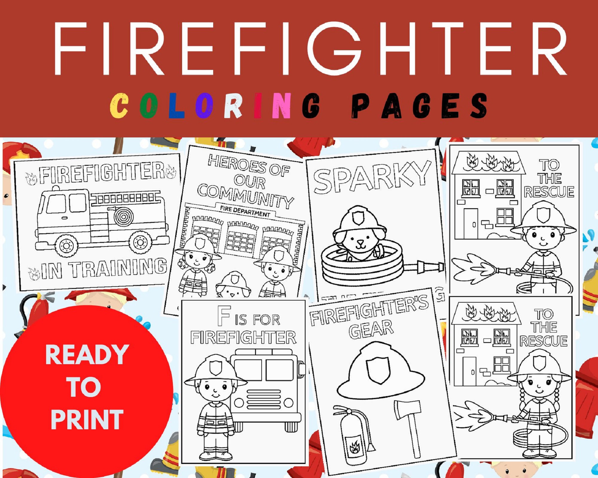 Firefighter coloring book birthday party coloring pages for kids firefighter printable firetruck firestation sparky the fire dog