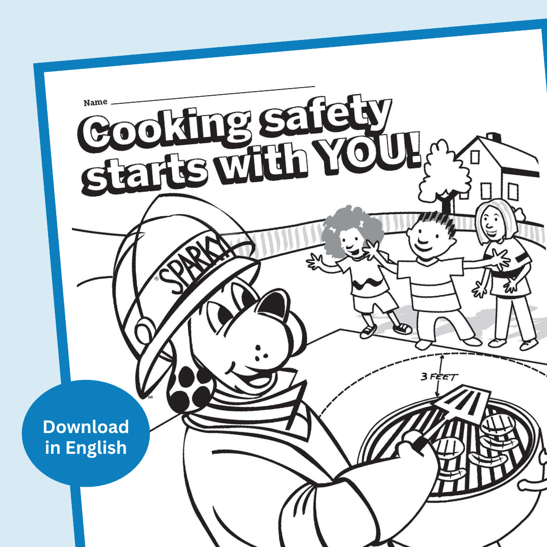 Cooking safety coloring page english and spanish sparky school house