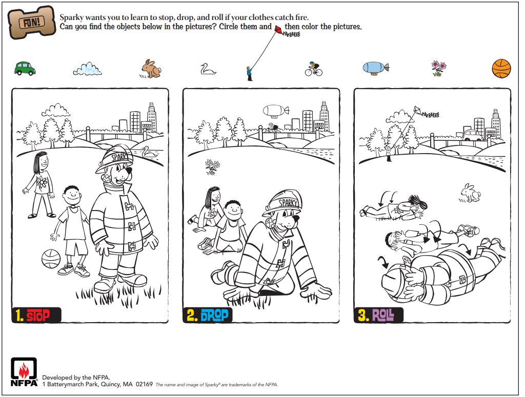 Sparky the fire dog on x sparky wants you to learn to stop drop and roll if your clothes catch on fire use this fun coloring sheet to help show your kids