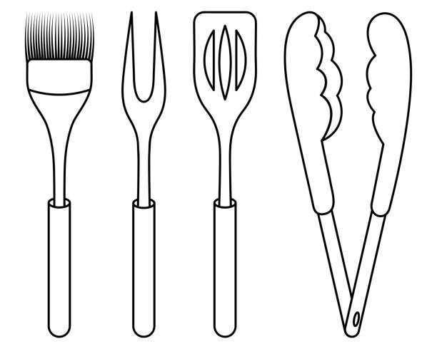 A set of barbecue tools sketch meat fork with two prongs spatula tongs and silicone brush vector illustration coloring tools for turning moving removing and greasing grilled food stock illustration