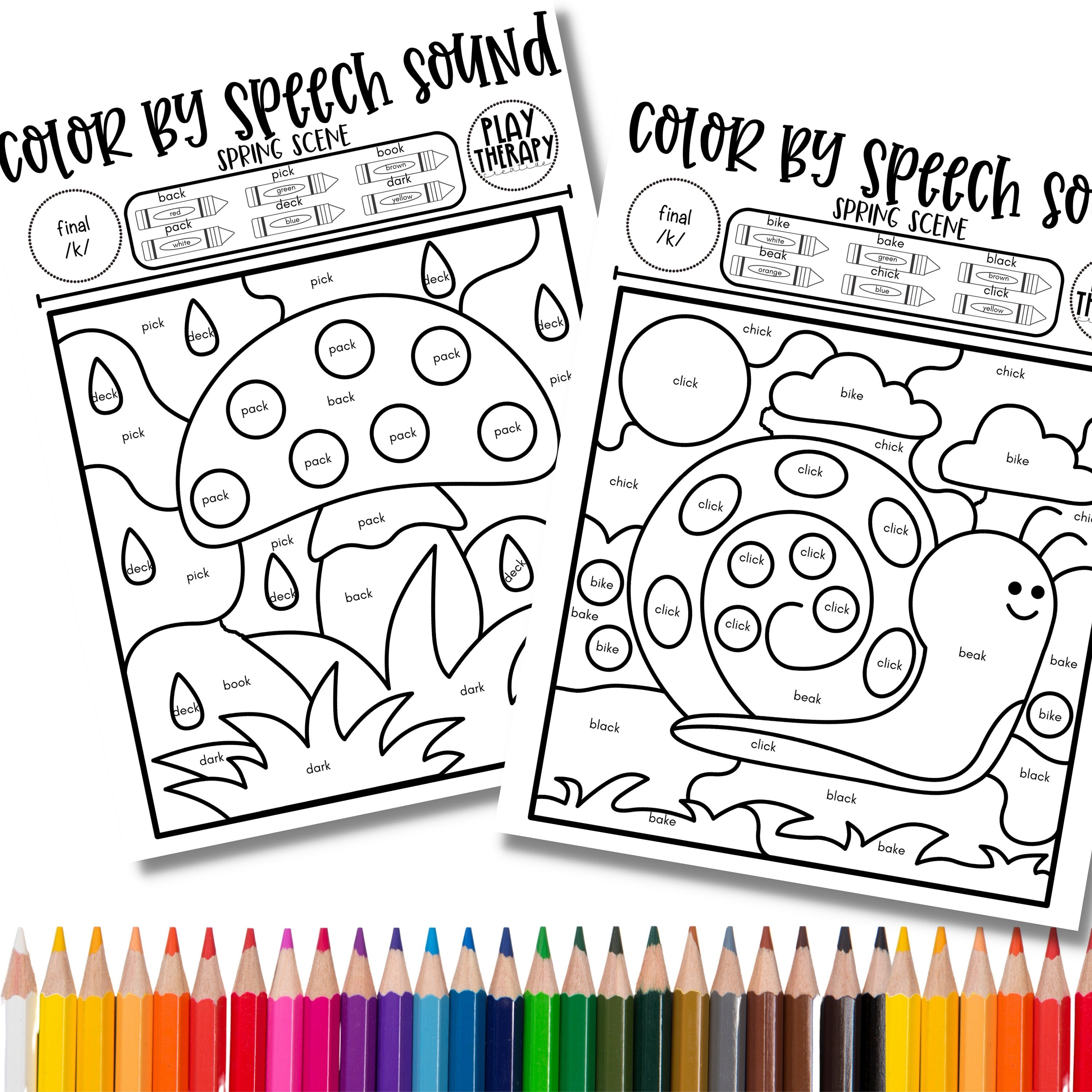 Set of k sound spring themed coloring pages for speech therapy articulation practice speech sound worksheet