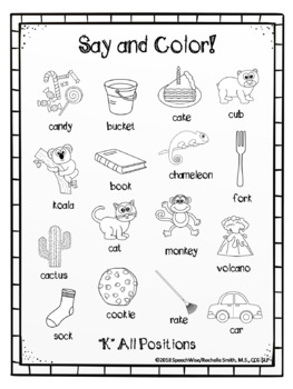 Articulation coloring sheets for k and g speech sounds