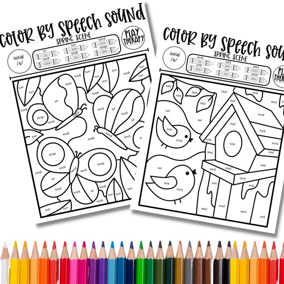 Set of s sound spring themed coloring pages for speech therapy articulation practice speech sound worksheet