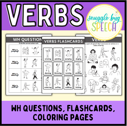 Verb worksheets for speech therapy wh questions flashcards coloring pages â snuggle bug speech