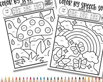 Set of sh sound spring themed coloring pages for speech therapy articulation practice speech sound worksheet instant download