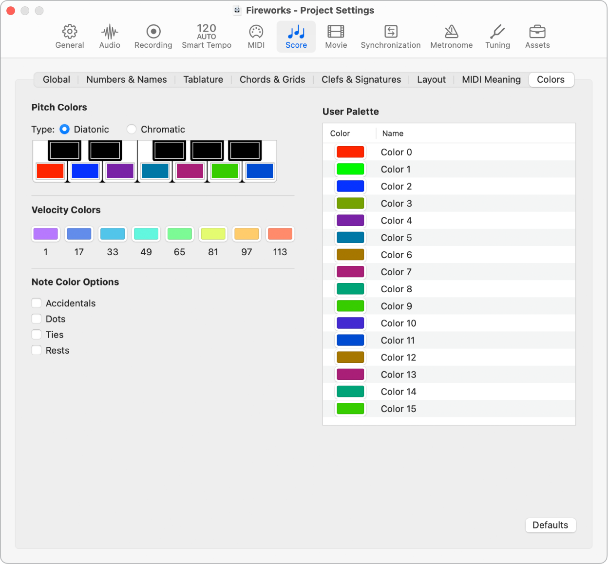 Colors project settings in logic pro for mac