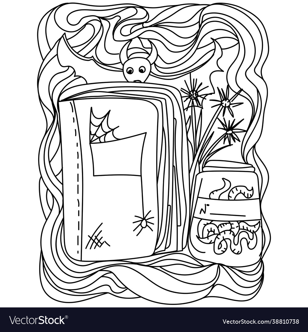 Halloween coloring page with magic book bat vector image