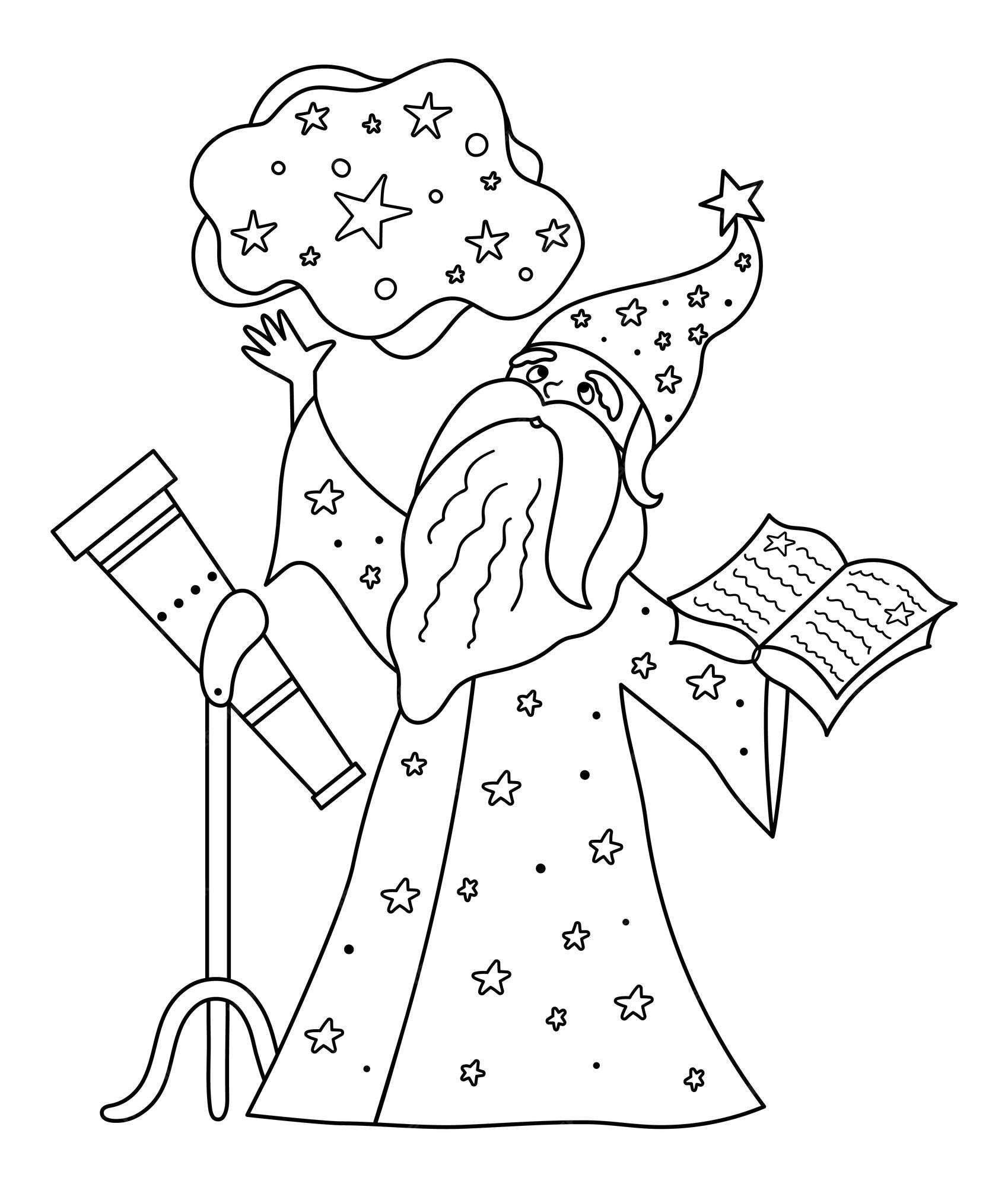 Premium vector fairy tale black and white vector stargazer with telescope holding spell book fantasy line wizard in tall hat fairytale astrologist coloring page cartoon magic icon with cute characterxa