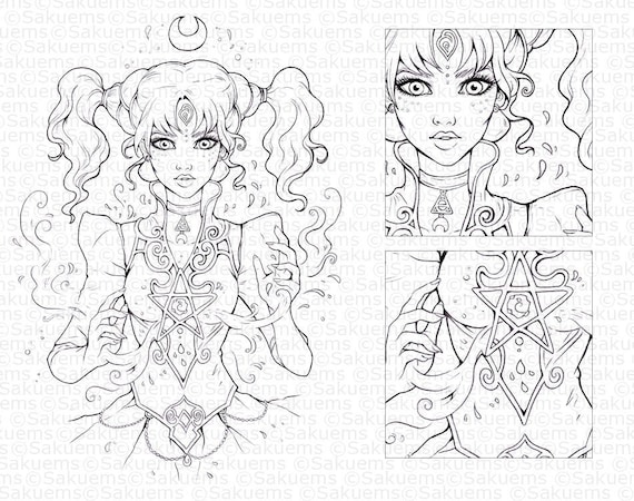 Digital stamp line art coloring page dark witch magician spell sorcerer portrait green yellow black hair beautiful woman by sakuems